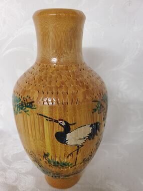 Vintage Chinese Porcelain Crane Vase Covered Intricately Woven Bamboo Rattan